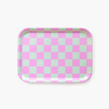 BLU KAT - CHECKER Serviertablett (27 x 20 cm) | Minze/Pfingstrosen - ROSA ECK - Blau, Holz, Rosa