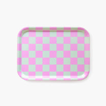 BLU KAT - CHECKER Serviertablett (27 x 20 cm) | Minze/Pfingstrosen - ROSA ECK - Blau, Holz, Rosa