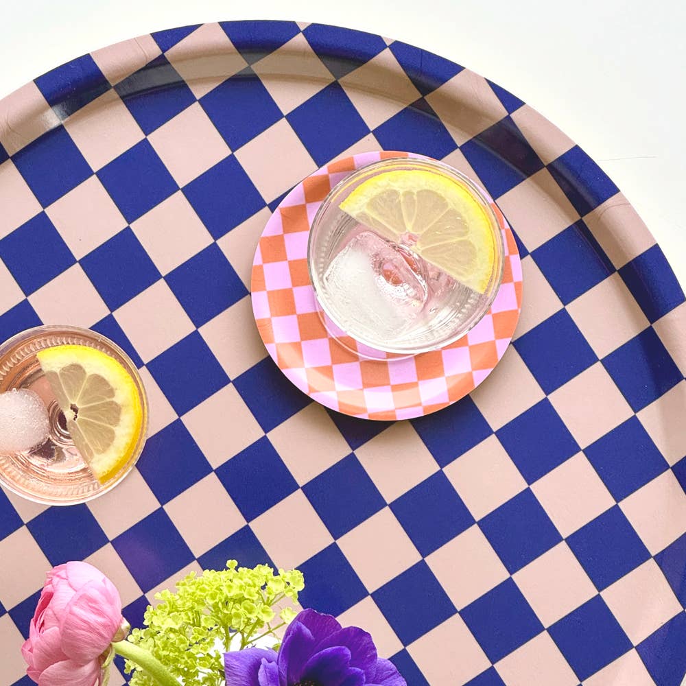 BLU KAT - CHECKER Serviertablett (⌀ 38 cm) | Indigo/Mandel - ROSA ECK - Holz, Lila, Rosa