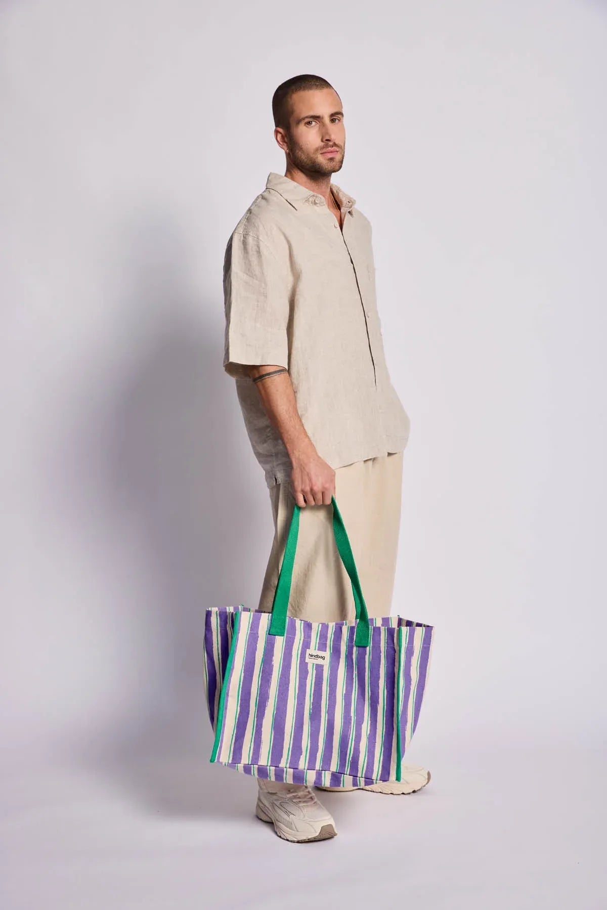 Hindbag - CLAUDE Einkaufstasche • Breite Streifen Violet/Grün - ROSA ECK