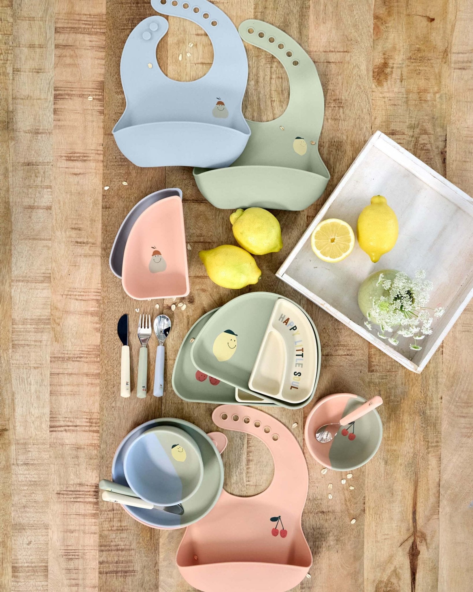 Lässig - HAPPY FRUITS Kinder Menüteller aus Silikon (3er - Set) | Kirsche - Kindergeschirr - ROSA ECK - Teller, ,