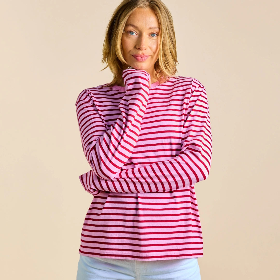 Gestreiftes Langarmshirt in Pink und Dunkelrot – Ansicht 3