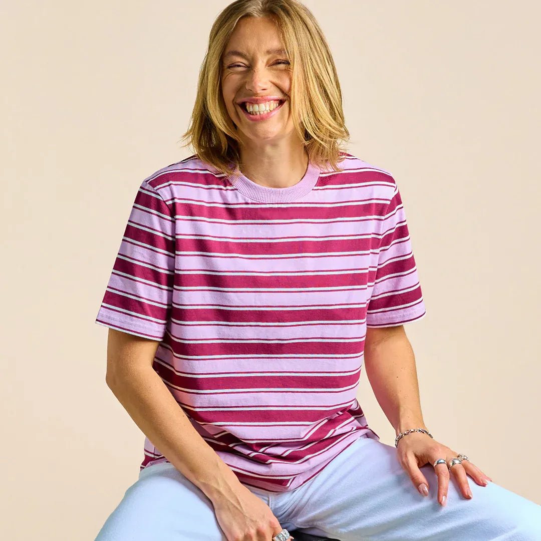 popeia - T-Shirt Gestreift aus Bio - Baumwolle • Aubergine/Pink - ROSA ECK