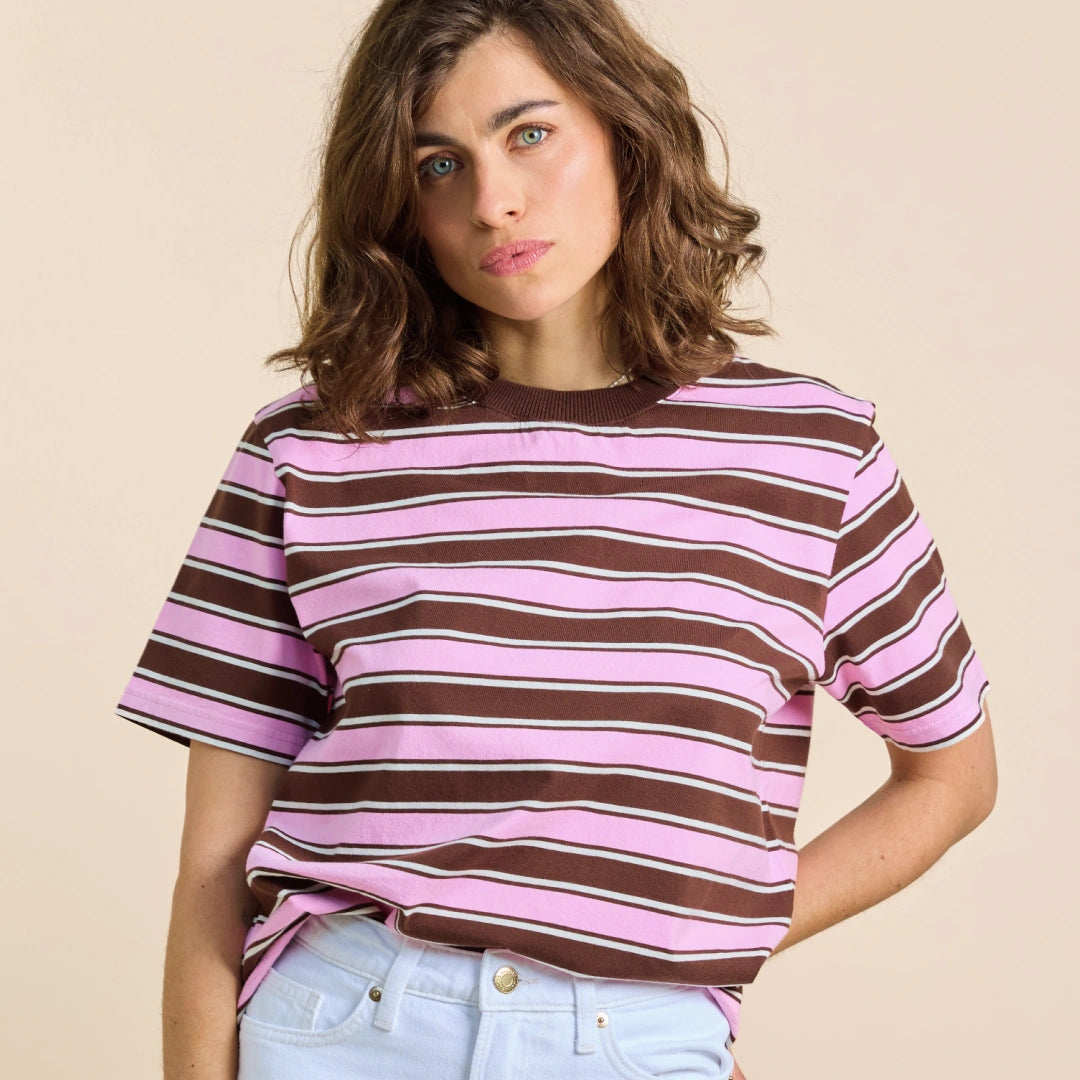 Gestreiftes T-Shirt aus Bio-Baumwolle in Braun und Pink