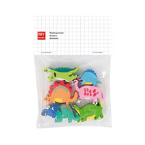 Sechs bunte Radiergummis in Dinosaurierform in der Verpackung