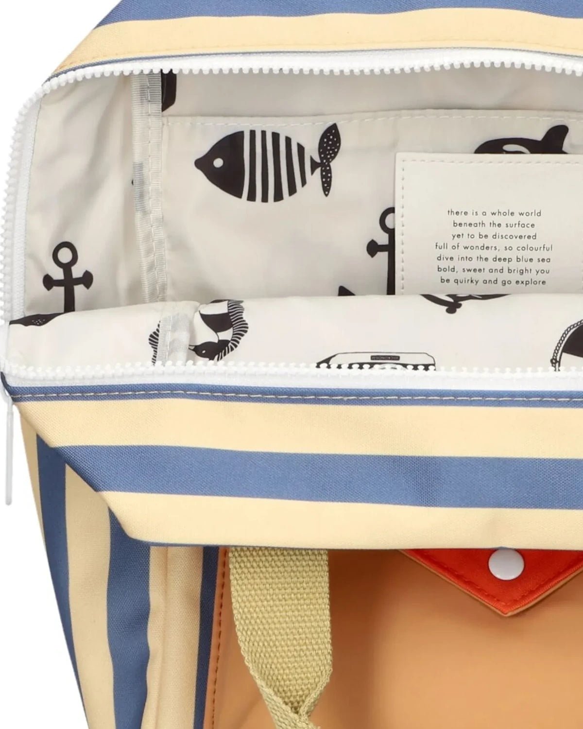 Sticky Lemon - WONDERS OF THE DEEP SEA Kinder - Rucksack (M) • envelope stripes | blue whale + sandy yellow - ROSA ECK