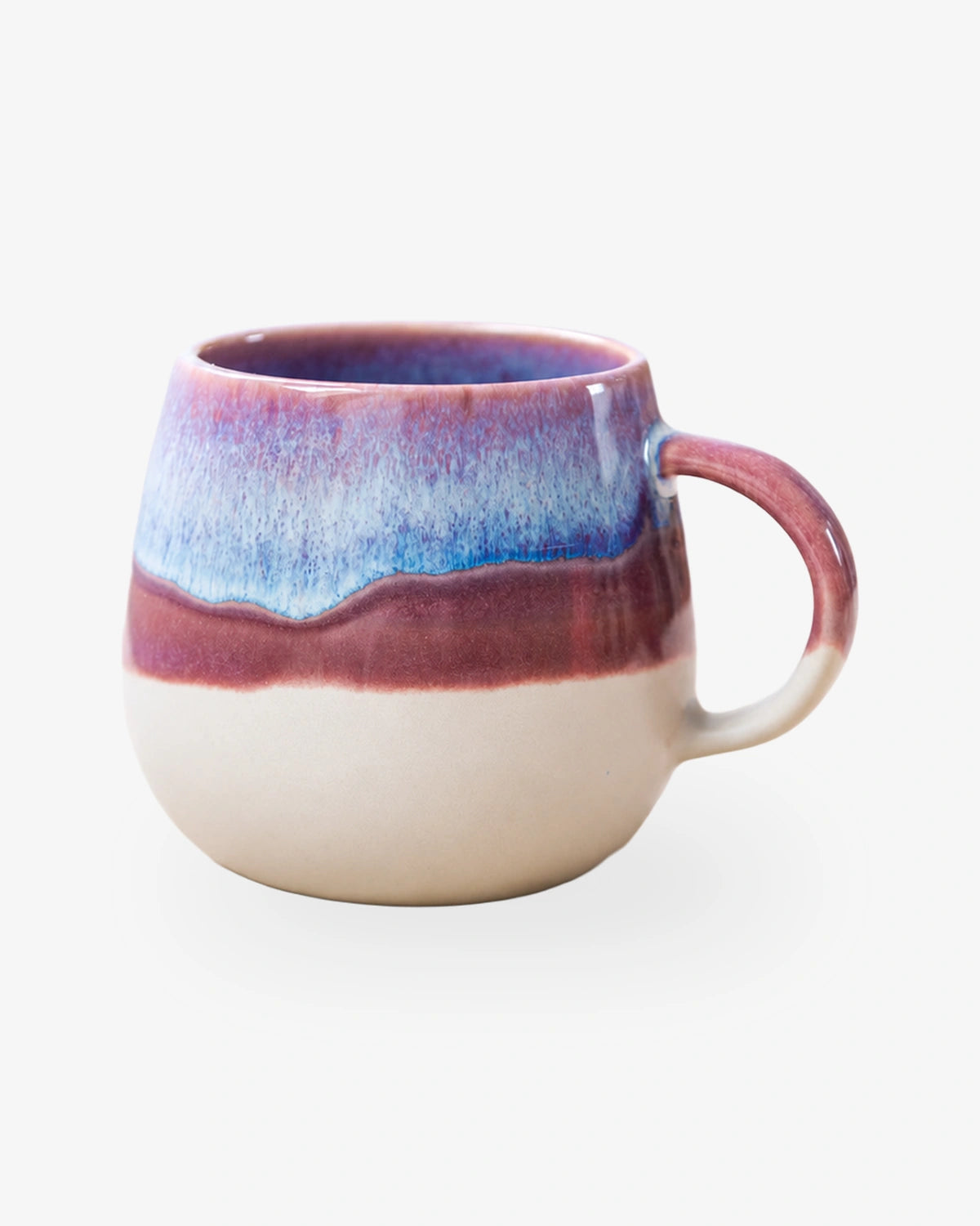 Große Kaffeetasse aus Steinzeug in Beige mit Lila und Blau