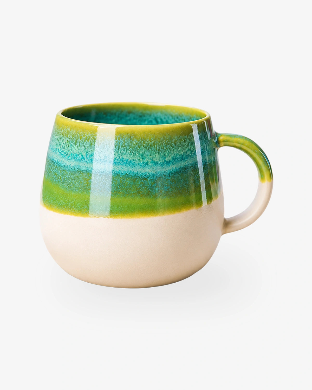 Große Kaffeetasse aus Steinzeug in Beige mit türkisem Rand