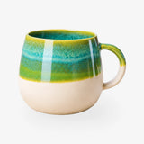 Große Kaffeetasse aus Steinzeug in Beige mit türkisem Rand