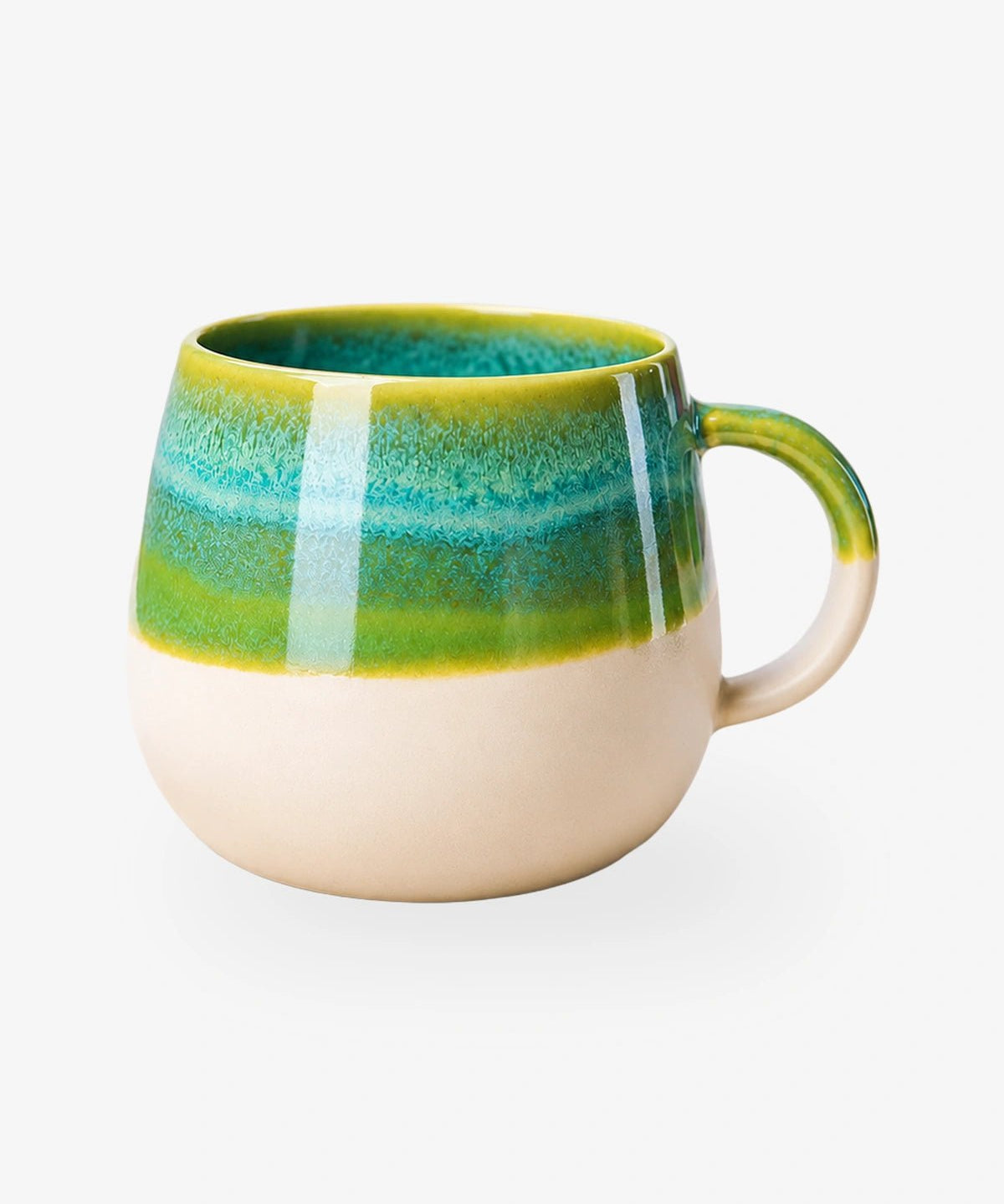 Große Kaffeetasse aus Steinzeug in Beige mit türkisem Rand