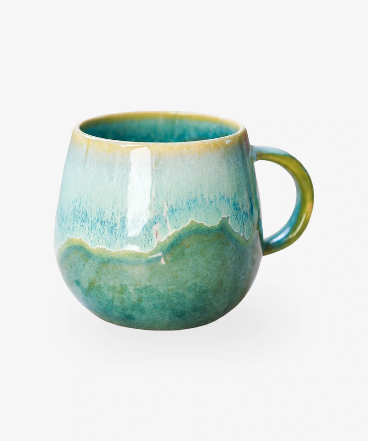 Große Kaffeetasse aus Steinzeug in Grün und Türkis mit Henkel